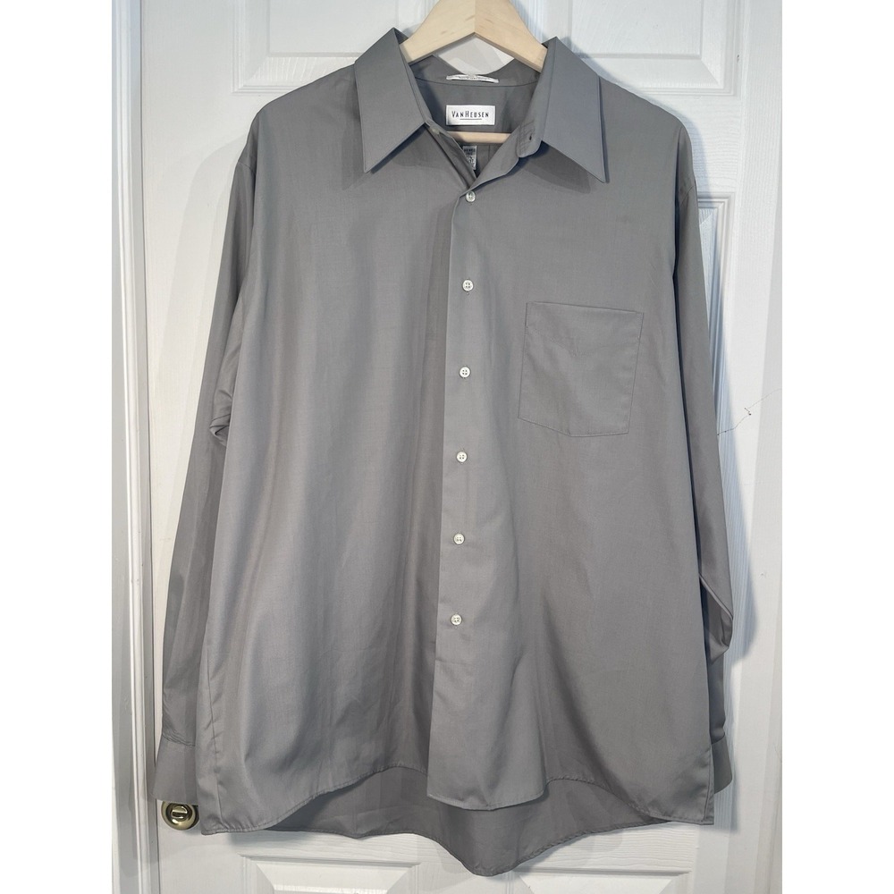 Van Heusen Mens XL 17.5 36/37 Gray Wrinkle Free Dress Shirt Pocket EUC
